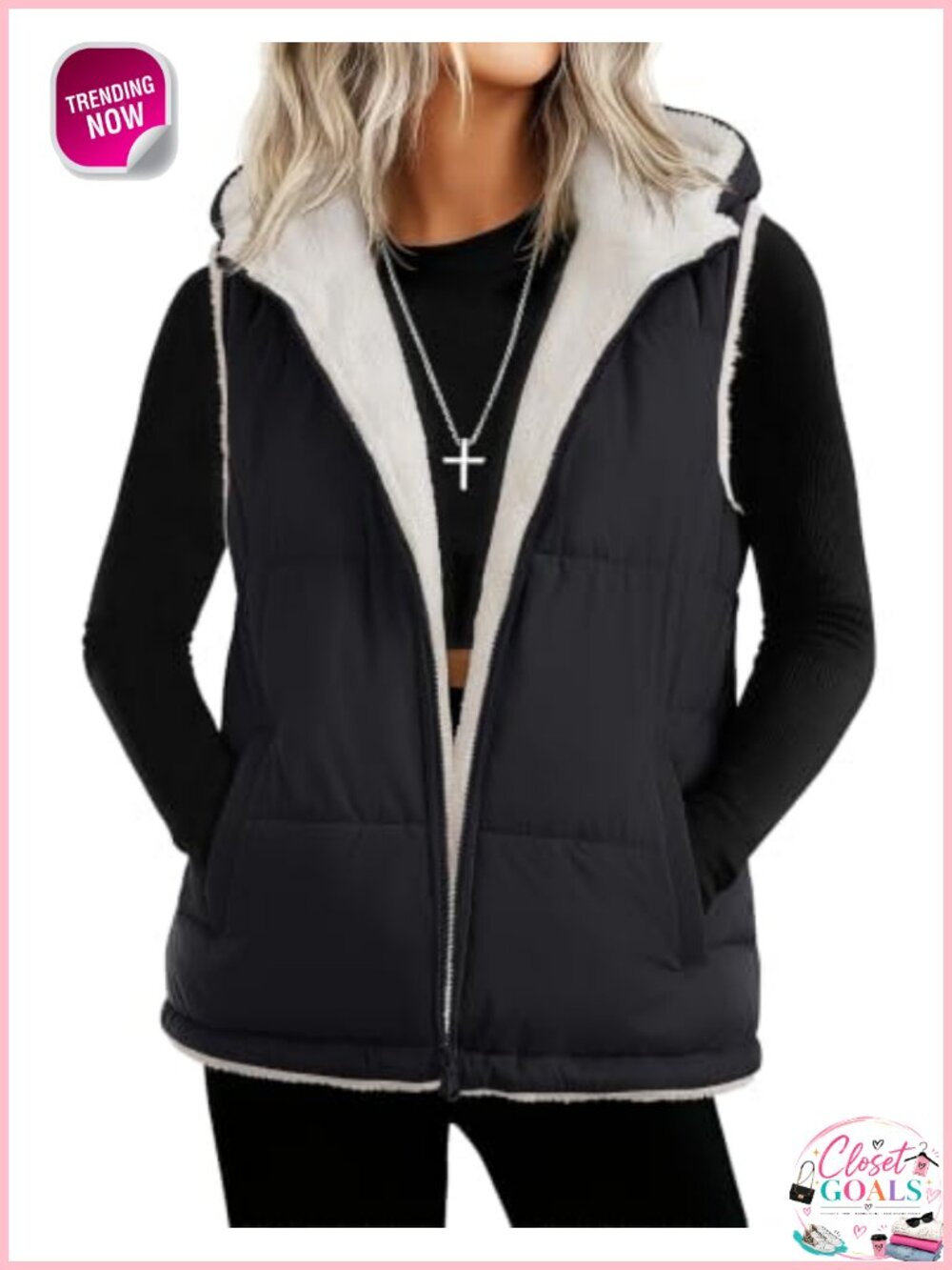 Womens Reversible Sherpa Fleece Hooded Zip Up Vest Coat with Pockets